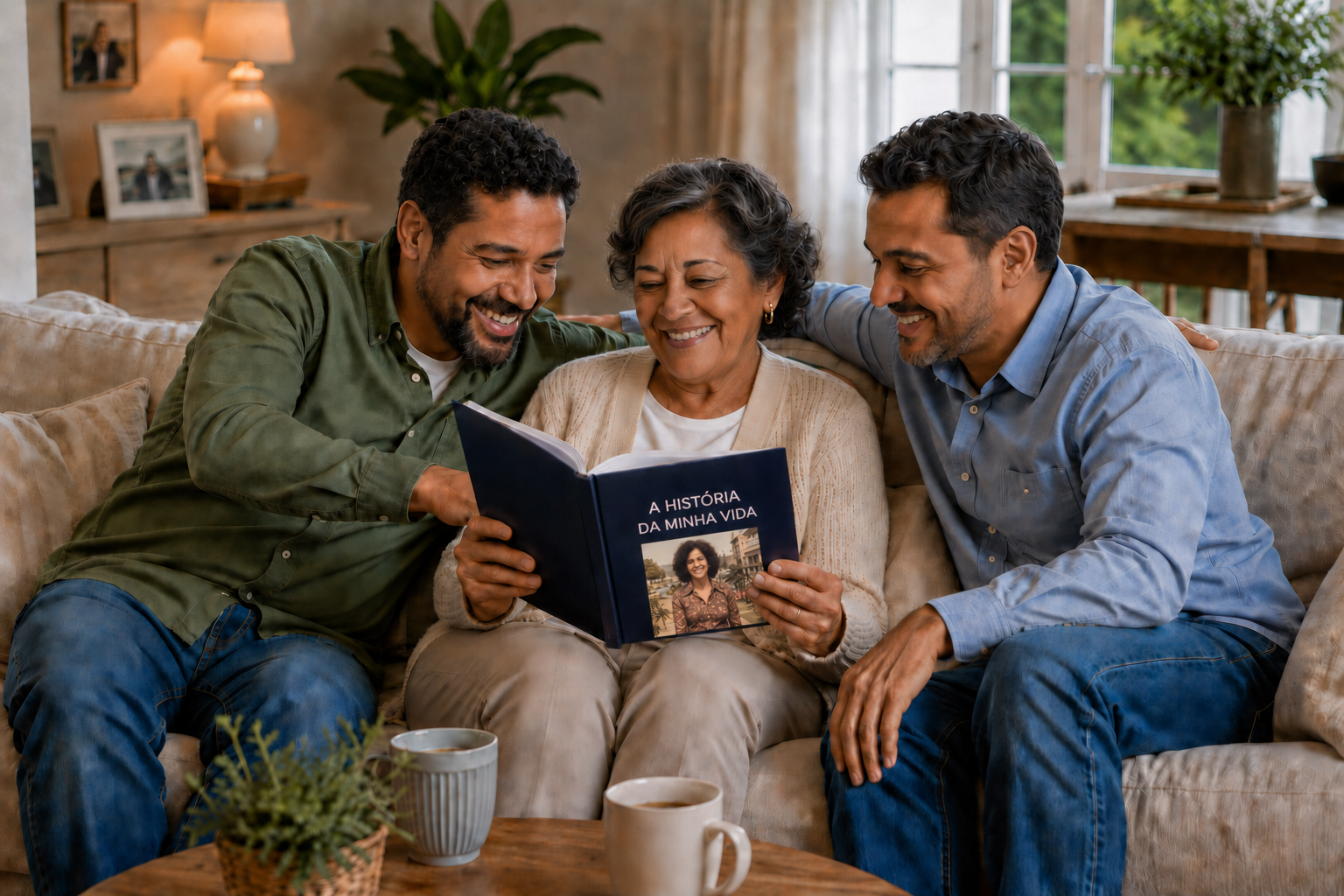 Filhos lendo com a mãe a história da vida dela