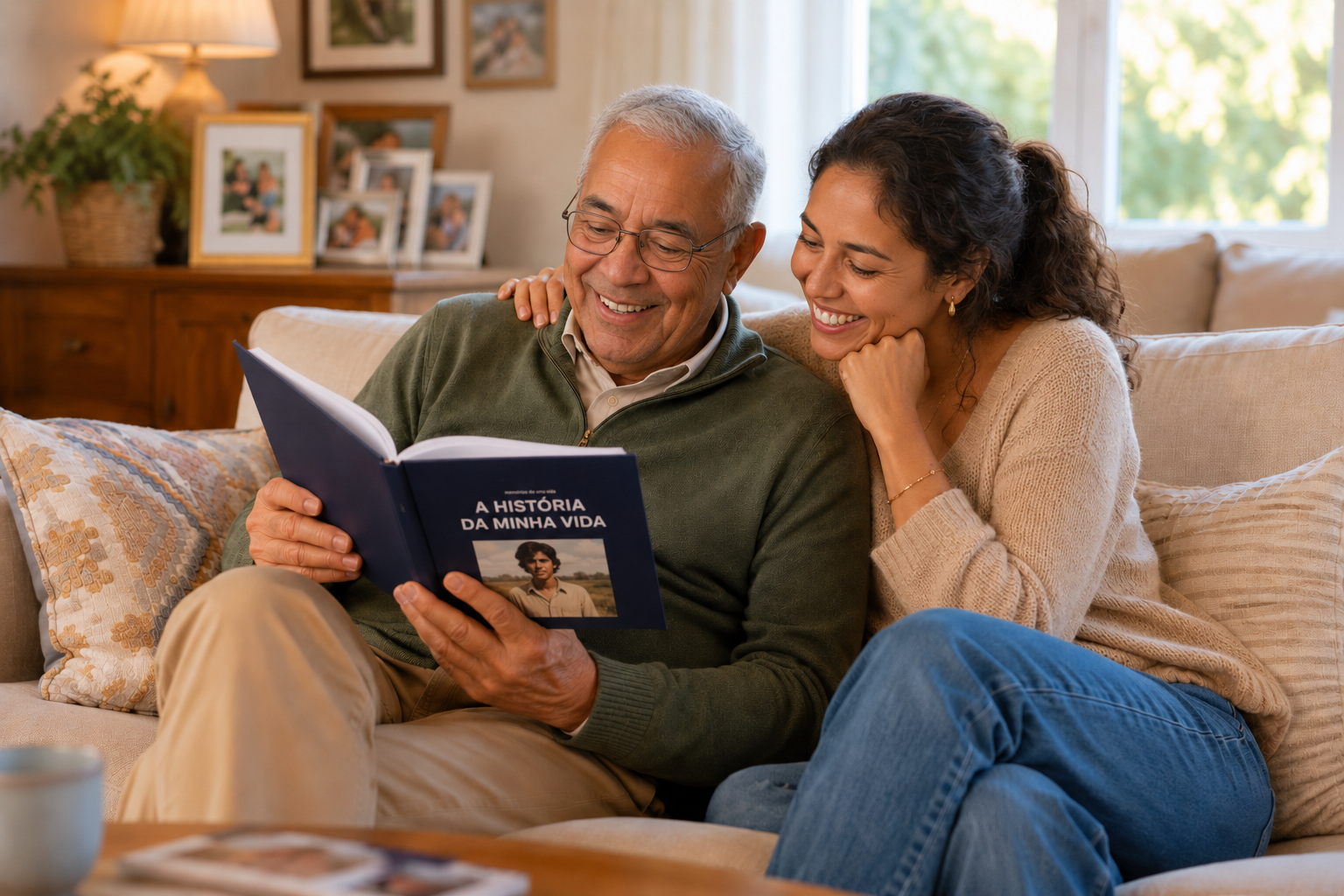 Pai e filha sorrindo enquanto leem o livro de memórias juntos