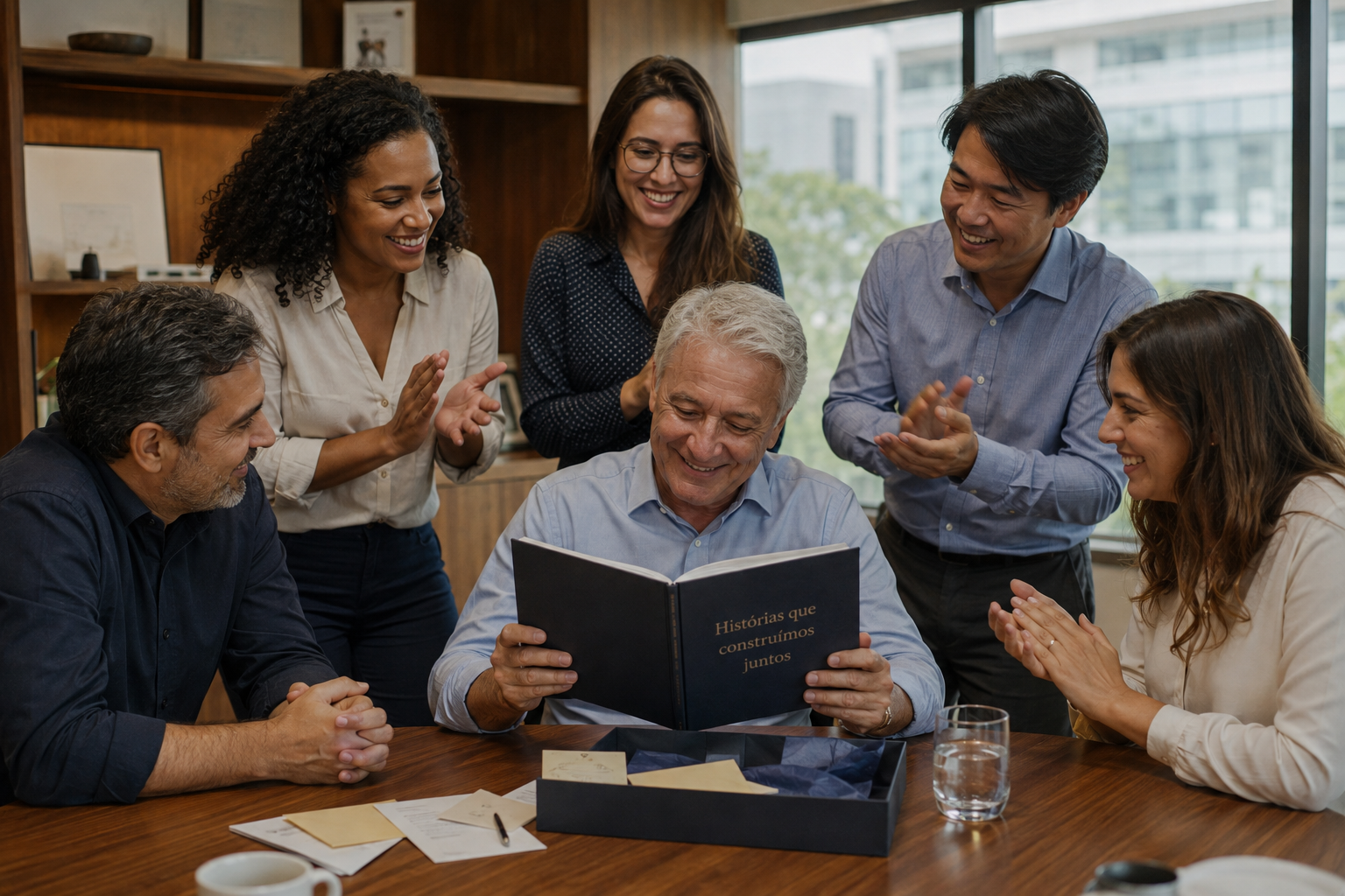 Equipe comemorando a entrega de um livro de histórias