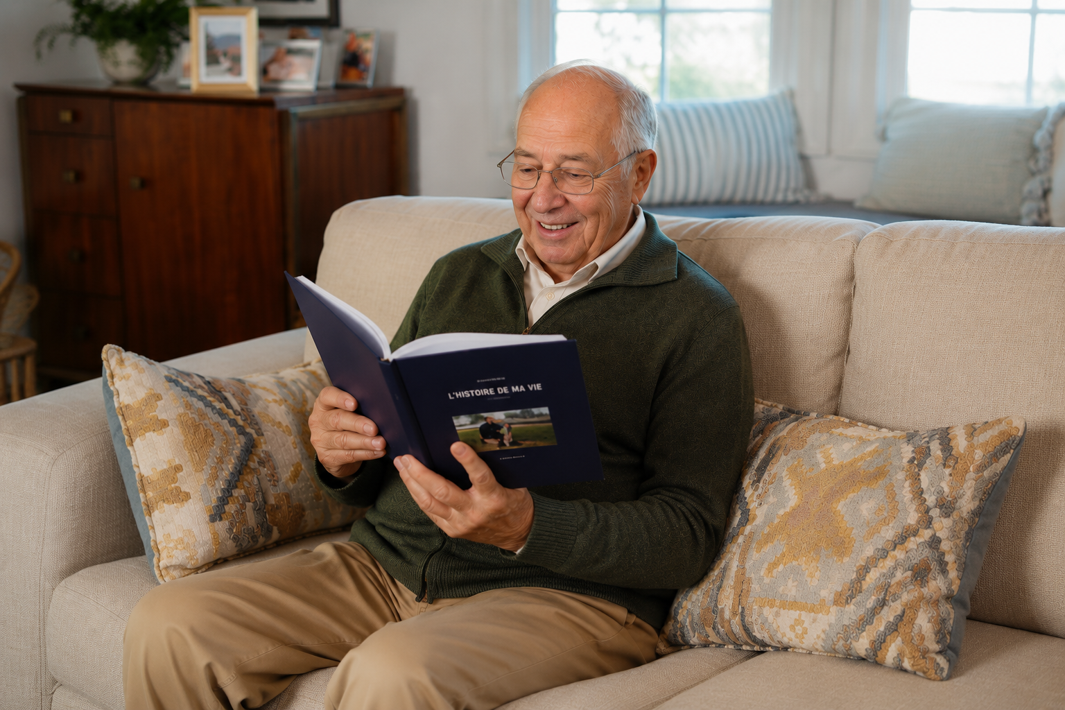 Homem segurando um livro de memórias